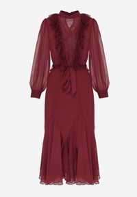 Born2be - Bordowa Elegancka Sukienka z Bufiastymi Rękawami i Koronkowymi Falbankami Sewlina. Okazja: na co dzień, do pracy. Typ kołnierza: kołnierz z falbankami. Kolor: czerwony. Materiał: koronka. Styl: elegancki #7