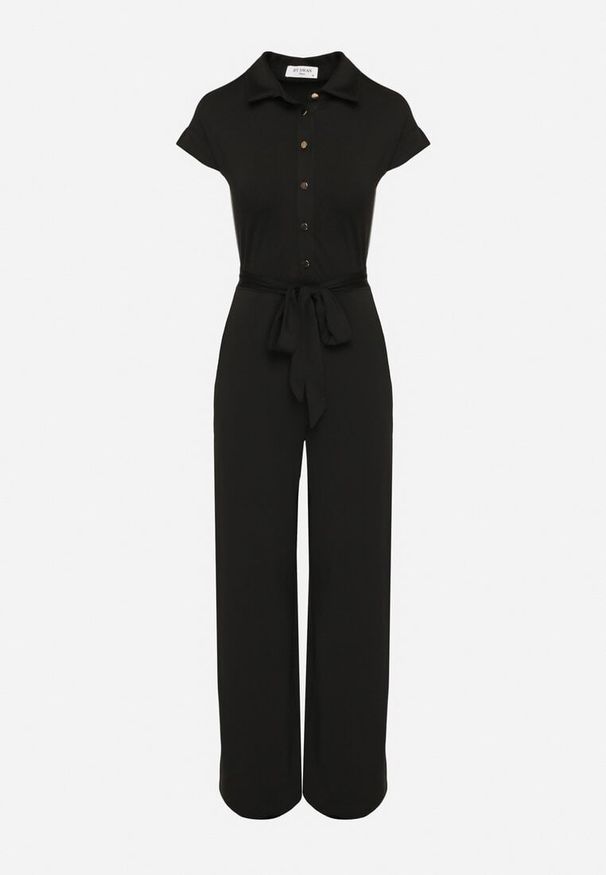 Born2be - Czarny Koszulowy Kombinezon z Wiskozą z Krótkim Rękawem i Paskiem Minorita. Okazja: na spacer. Kolor: czarny. Materiał: wiskoza. Długość rękawa: krótki rękaw. Długość: krótkie. Styl: elegancki, klasyczny