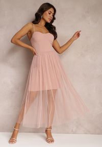 Renee - Różowa Sukienka na Ramiączkach z Tiulowym Dołem Liuli. Kolor: różowy. Materiał: tiul. Długość rękawa: na ramiączkach