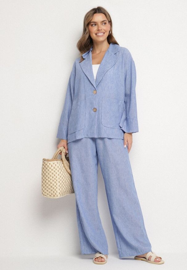 Born2be - Niebieski Komplet Garniturowy Marynarka z Kieszeniami i Szerokie Spodnie Olvania. Kolor: niebieski