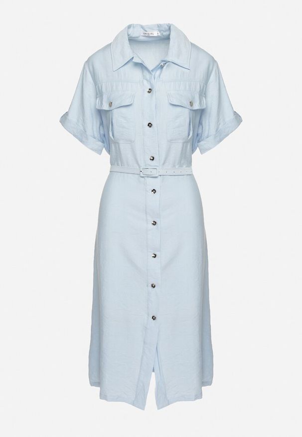 Born2be - Niebieska Wiskozowa Sukienka o Koszulowym Kroju z Paskiem Nelavyn. Okazja: na co dzień, do pracy. Kolor: niebieski. Materiał: wiskoza. Długość rękawa: krótki rękaw. Typ sukienki: koszulowe. Styl: casual, elegancki