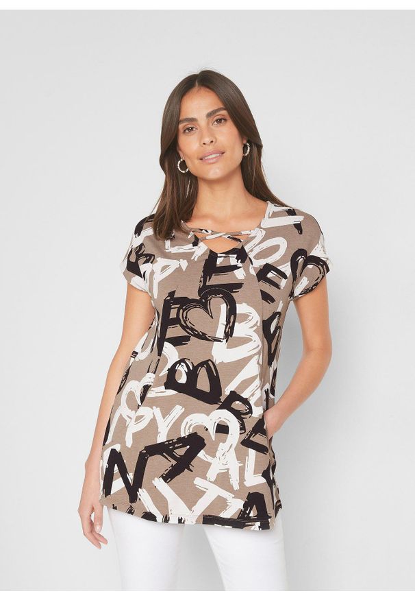 bonprix - Długi T-shirt. Kolor: brązowy. Długość: długie. Wzór: nadruk