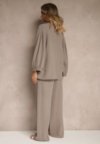 Renee - Ciemnobeżowy Bawełniany Komplet Muślinowy Oversize z Koszulą i Szerokimi Spodniami Ziorina. Kolor: beżowy. Materiał: bawełna. Wzór: aplikacja