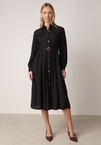 Born2be - Czarna Wiskozowa Sukienka Koszulowa z Paskiem Andranassa. Okazja: na co dzień. Kolor: czarny. Materiał: wiskoza. Wzór: aplikacja. Typ sukienki: koszulowe. Styl: casual, elegancki #5
