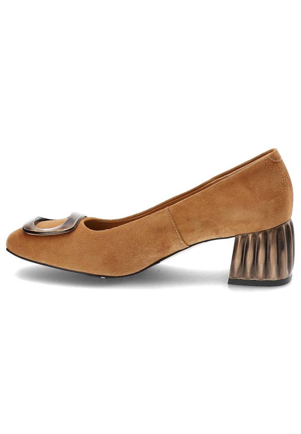 Brązowe Czółenka Espirito Eleganckie Buty Damskie. Zapięcie: klamry. Kolor: brązowy. Materiał: zamsz, skóra. Szerokość cholewki: normalna. Wzór: aplikacja. Styl: elegancki