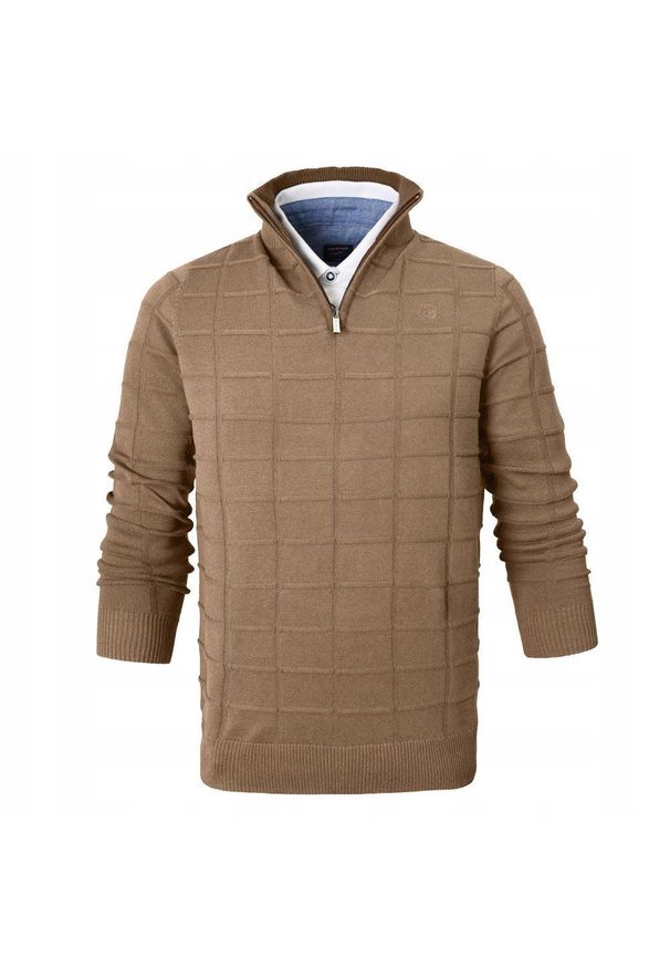 Elegancki Sweter Męski (Zamek) - Pako Jeans - Wysoki Dekolt, Kawa z Mlekiem. Kolor: beżowy, brązowy, wielokolorowy. Materiał: bawełna. Styl: elegancki