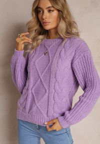 Renee - Fioletowy Klasyczny Sweter z Modnym Splotem Wykończony Ściągaczami Viala. Kolor: fioletowy. Wzór: ze splotem. Sezon: zima. Styl: klasyczny #4
