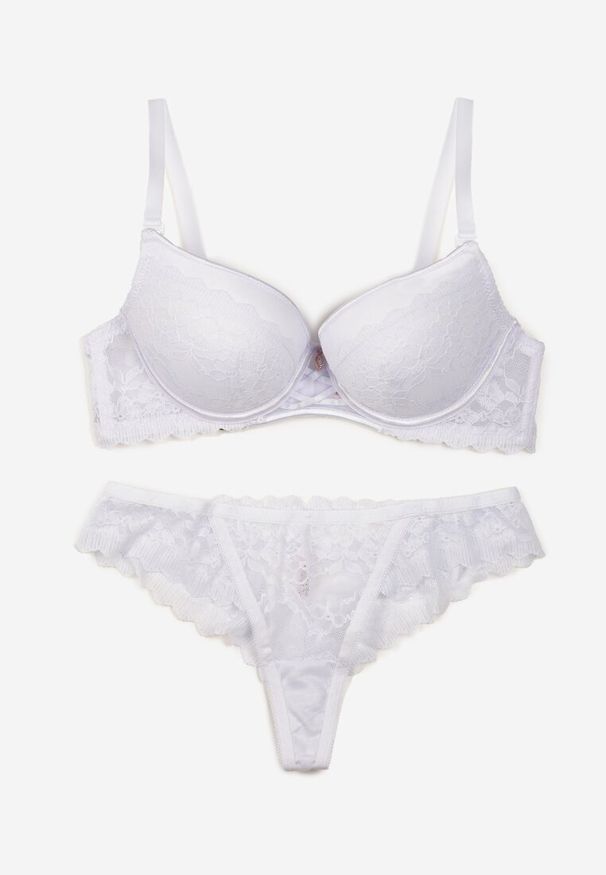 Born2be - Biały Komplet Bielizny Biustonosz Push Up i Stringi z Koronką Aurorra. Kolor: biały. Materiał: koronka. Wzór: koronka