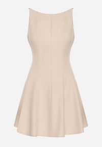 Born2be - Beżowa Rozkloszowana Sukienka Ozdobiona Przeszyciami Kinetela. Okazja: na imprezę, na co dzień. Kolor: beżowy. Materiał: skóra. Wzór: aplikacja. Styl: casual, elegancki #5