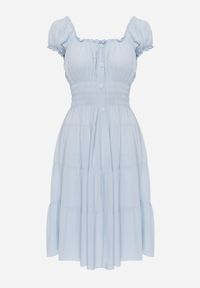 Renee - Jasnoniebieska Sukienka Rozkloszowana z Bawełny z Bufiastymi Rękawami i Guzikami Anniliana. Okazja: na co dzień. Kolor: niebieski. Materiał: bawełna. Typ sukienki: proste, rozkloszowane. Styl: elegancki, klasyczny, casual #7