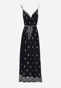 Born2be - Granatowa Bawełniana Sukienka Rozkloszowana z Kopertowym Dekoltem i Wiązaniem Revevra. Okazja: na randkę, na co dzień. Typ kołnierza: dekolt kopertowy. Kolor: niebieski. Materiał: bawełna. Długość rękawa: na ramiączkach. Typ sukienki: kopertowe. Styl: casual #2