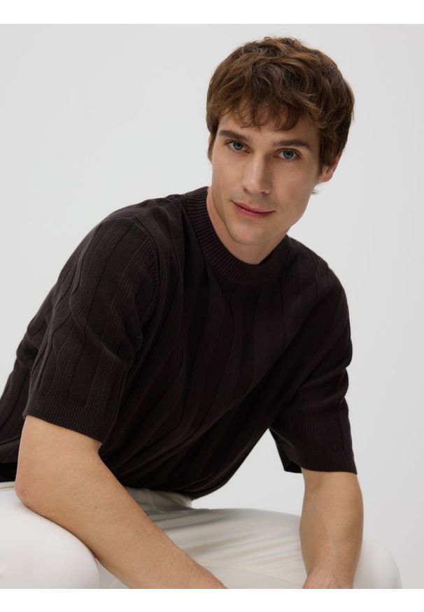 Reserved - Sweter z krótkim rękawem - ciemnobrązowy. Kolor: brązowy. Materiał: dzianina, bawełna. Długość rękawa: krótki rękaw. Długość: krótkie