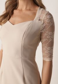 Born2be - Beżowa Taliowana Sukienka VICES z Koronkowymi Rękawami Oceamara. Kolor: beżowy. Materiał: koronka. Wzór: aplikacja, koronka. Styl: elegancki #6