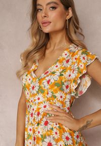 Renee - Żółta Taliowana Sukienka Mini w Kwiaty z Gumką w Talii Teziovi. Kolor: żółty. Materiał: wiskoza. Wzór: kwiaty. Długość: mini #5