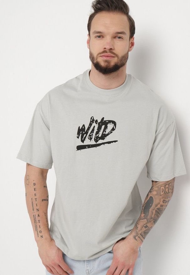 Born2be - Szara Koszulka Bawełniana z Nadrukiem Anfria. Kolor: szary. Materiał: bawełna. Wzór: nadruk. Styl: elegancki