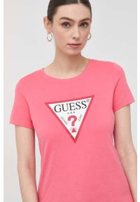 Guess t-shirt bawełniany kolor różowy. Okazja: na co dzień. Kolor: różowy. Materiał: bawełna. Wzór: nadruk. Styl: casual #4