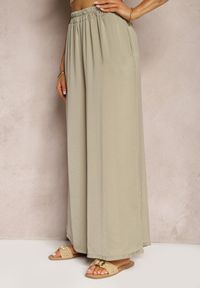Renee - Jasnozielone Wiskozowe Spodnie Szerokie High Waist Rissalene. Okazja: do pracy, na spotkanie biznesowe. Stan: podwyższony. Kolor: beżowy. Materiał: wiskoza. Styl: elegancki, biznesowy
