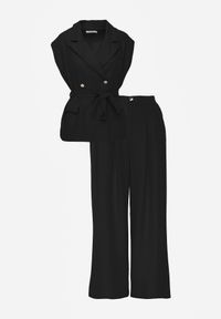Renee - Czarny Wiskozowy Komplet Garniturowy Spodnie Wide Leg i Kamizelka z Paskiem Elyenryl. Kolor: czarny. Materiał: wiskoza #3