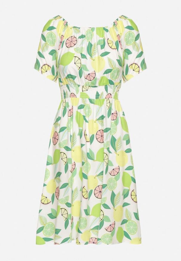 Born2be - Zielona Sukienka Hiszpanka z Bawełną i Motywem Cytrusów Avfila. Okazja: na co dzień. Typ kołnierza: dekolt hiszpanka. Kolor: zielony. Materiał: bawełna. Sezon: lato. Styl: casual, elegancki