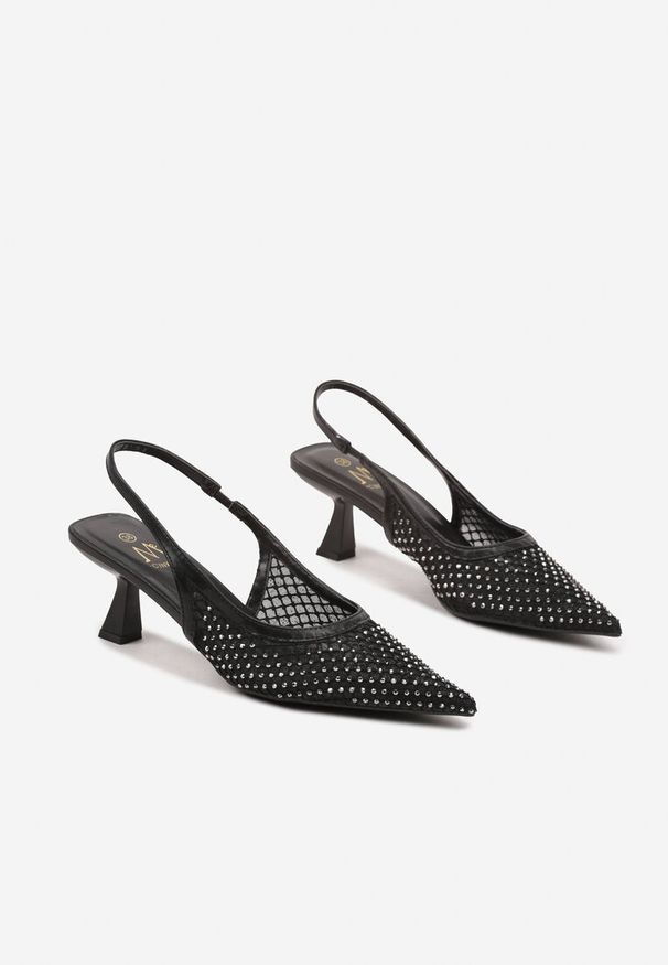 Renee - Czarne Sandały na Kaczuszce Slingback z Siateczkową Cholewką Ozdobione Cyrkoniami Vilfitis. Okazja: na imprezę. Nosek buta: szpiczasty. Kolor: czarny. Wzór: aplikacja. Sezon: lato. Obcas: na szpilce. Styl: klasyczny, elegancki