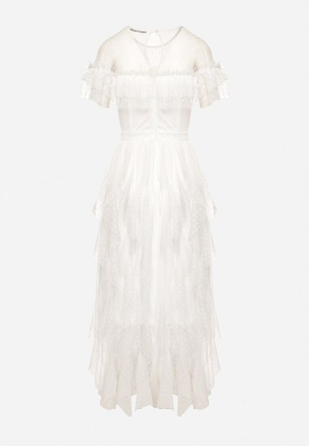 Born2be - Biała Sukienka z Przezroczystego Materiału Rozkloszowana Ozdobiona Koronką Pela. Okazja: na co dzień. Kolor: biały. Materiał: materiał, koronka. Długość rękawa: krótki rękaw. Wzór: aplikacja, koronka. Typ sukienki: proste, rozkloszowane. Styl: casual, klasyczny