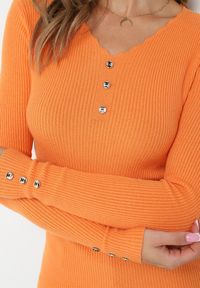 Born2be - Pomarańczowy Sweter z Prążkowanej Dzianiny z Guzikami Rlyce. Kolor: pomarańczowy. Materiał: dzianina, prążkowany. Wzór: aplikacja #3