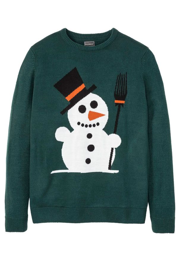 Sweter z bożonarodzeniowym motywem bonprix głęboki zielony. Kolor: zielony. Materiał: materiał, akryl