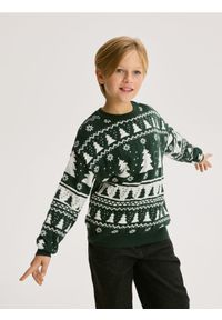 Reserved - Sweter ze wzorem - zielony. Kolor: zielony. Materiał: bawełna, dzianina #1