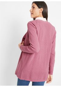 Sweter rozpinany w ażurowy wzór bonprix jeżynowy sorbetowy. Kolor: fioletowy. Wzór: ażurowy #7