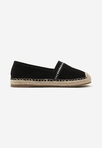 Born2be - Czarne Wsuwane Espadryle na Płaskiej Plecionej Podeszwie w Stylu Boho Sequoa. Zapięcie: bez zapięcia. Kolor: czarny. Materiał: len, zamsz, materiał. Wzór: aplikacja. Sezon: lato. Obcas: na platformie. Styl: boho