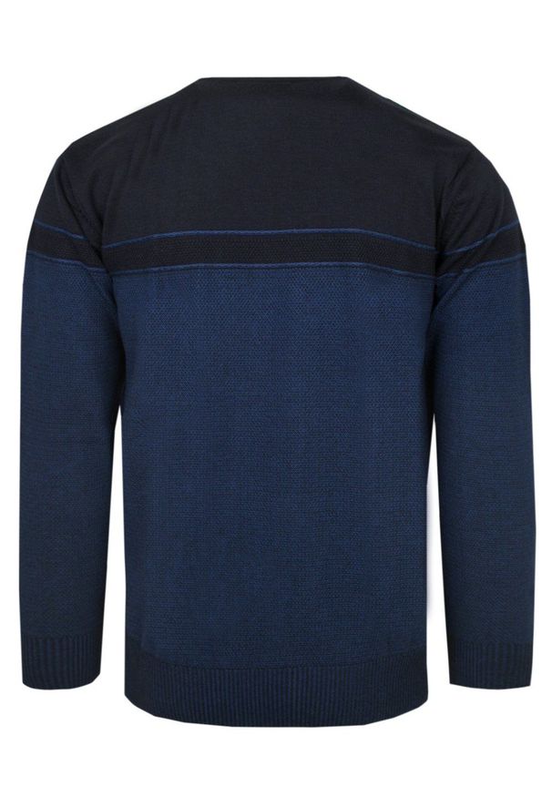 Klasyczny Męski Sweter z Dekoltem w Serek (V-Neck) - Trikko - Granat. Okazja: na spotkanie biznesowe, do pracy, na co dzień. Typ kołnierza: dekolt w serek. Kolor: niebieski. Materiał: bawełna, akryl. Styl: klasyczny