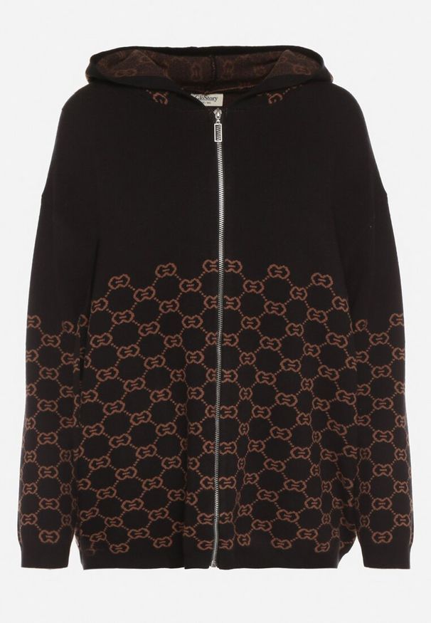 Born2be - Czarny Kardigan na Suwak z Kapturem i Geometrycznym Motywem Lunetusa. Okazja: na co dzień. Typ kołnierza: kaptur. Kolor: czarny. Materiał: jeans. Wzór: geometria. Styl: casual, elegancki