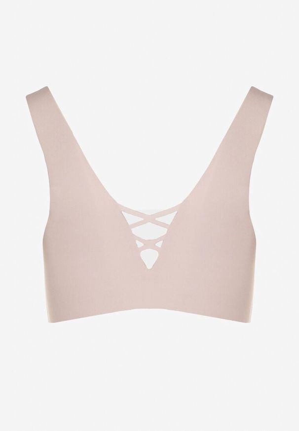 Born2be - Jasnoróżowy Biustonosz Sportowy z Siateczką i Gorsetowym Zdobieniem Saliatessa. Kolor: różowy. Rodzaj stanika: wyciągane miseczki. Wzór: aplikacja