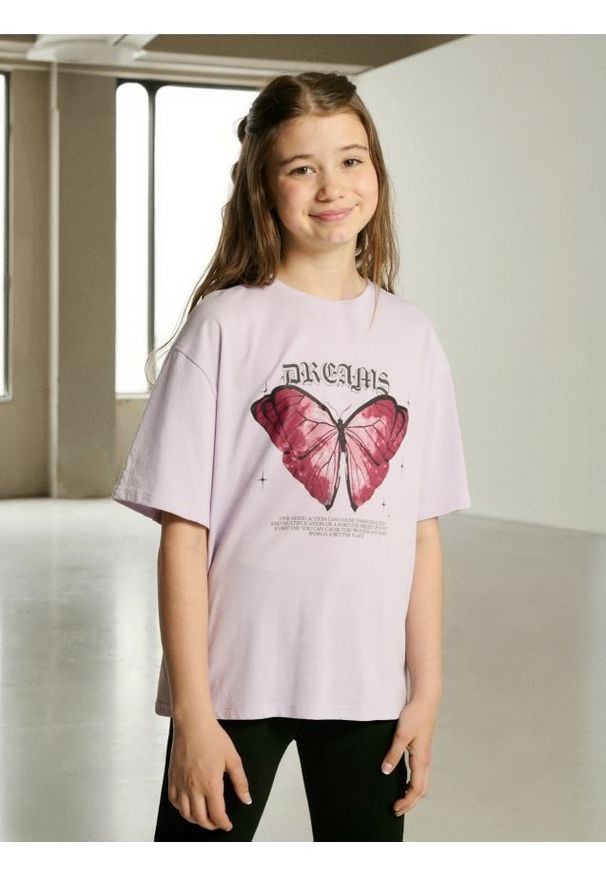 Sinsay - Koszulka z ozdobnym nadrukiem - fioletowy. Kolor: fioletowy. Wzór: nadruk