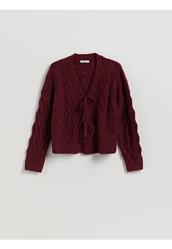 Reserved - Kardigan z wiązaniem - bordowy. Kolor: czerwony. Materiał: wełna, dzianina