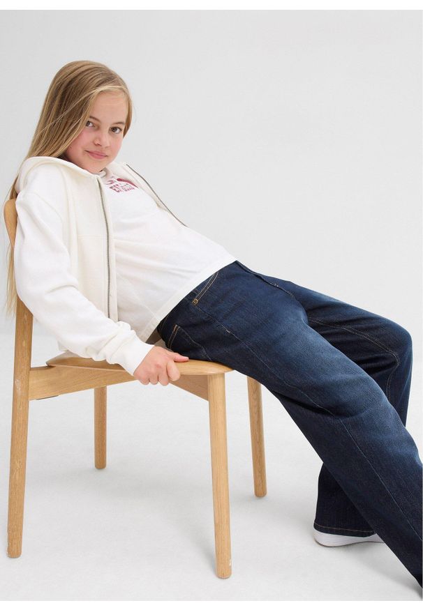 bonprix - Dżinsy ocieplane, wide leg, z dżersejową podszewką, mid waist. Kolor: niebieski
