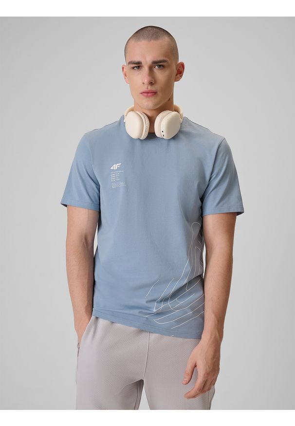 4f - 4F T-shirt regular z nadrukiem męski - granatowy L. Okazja: na co dzień. Kolor: niebieski. Materiał: jeans, materiał, bawełna, dresówka. Wzór: nadruk. Styl: casual, klasyczny