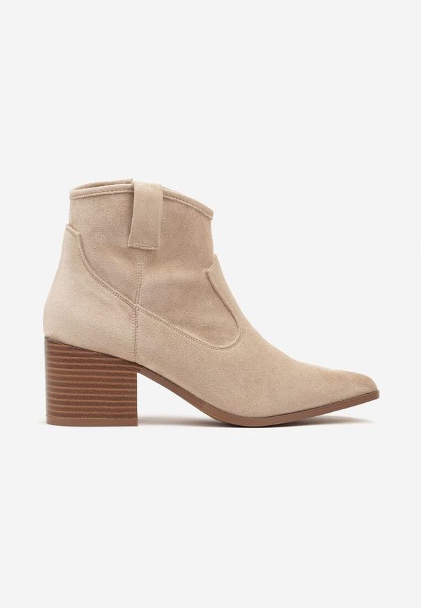 Renee - Ciemnobeżowe Botki Vices w Stylu Kowbojek na Obcasie Vertige. Zapięcie: zamek. Kolor: beżowy. Materiał: jeans. Sezon: jesień. Obcas: na obcasie. Styl: boho, elegancki, rockowy. Wysokość obcasa: średni