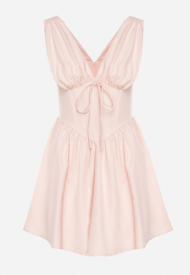 Born2be - Różowa Sukienka Vices o Rozkloszowanym Kroju z Wiązaniem Foliseia. Okazja: na co dzień. Typ kołnierza: dekolt w kształcie V. Kolor: różowy. Materiał: jeans, poliester. Długość rękawa: bez rękawów. Styl: klasyczny, casual, elegancki