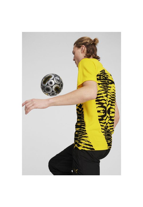 Puma - Męska koszulka przedmeczowa z krótkim rękawem Borussia Dortmund PUMA. Kolor: żółty, wielokolorowy, czarny. Długość rękawa: krótki rękaw. Długość: krótkie