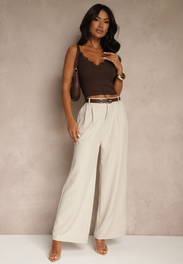 Renee - Jasnobeżowe Spodnie o Szerokim Kroju High Waist Dolarenna. Okazja: na co dzień. Stan: podwyższony. Kolor: beżowy. Styl: elegancki, casual