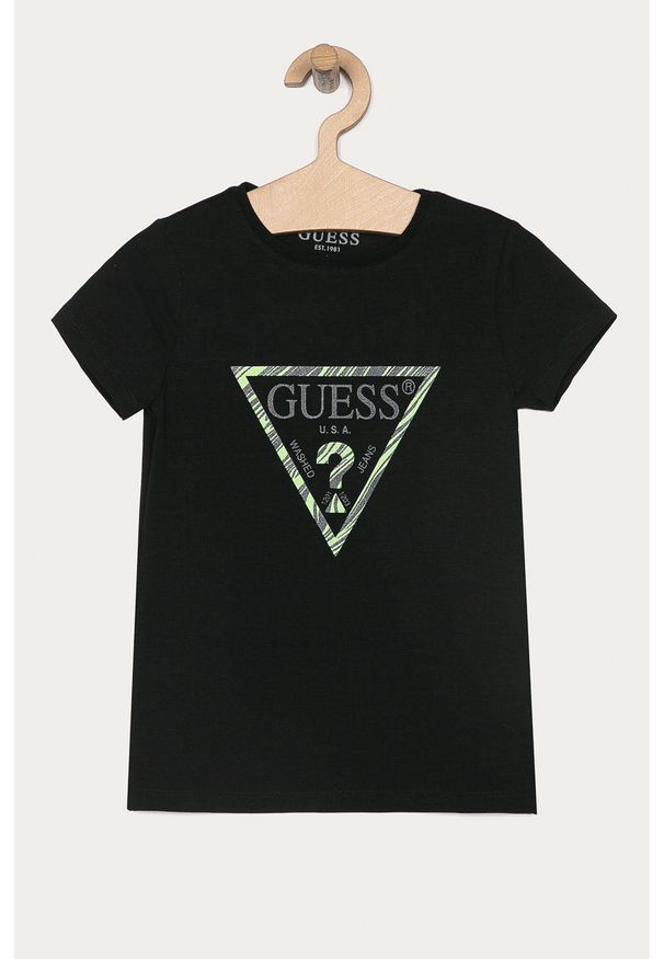 Guess Jeans - T-shirt dziecięcy 116-175 cm. Okazja: na co dzień. Kolor: czarny. Materiał: jeans. Długość rękawa: krótki rękaw. Długość: krótkie. Wzór: nadruk. Styl: casual