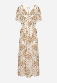 Born2be - Beżowa Rozkloszowana Sukienka z Krótkim Rękawem i Gumką w Pasie Wiązana na Plecach Jolla. Kolor: beżowy. Długość rękawa: krótki rękaw. Styl: klasyczny #6