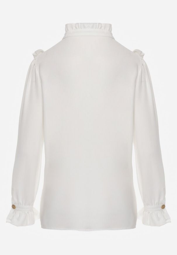 Renee - Biała Koszula z Ozdobną Falbanką i Żabotem Hansina. Typ kołnierza: z żabotem. Kolor: biały. Wzór: aplikacja