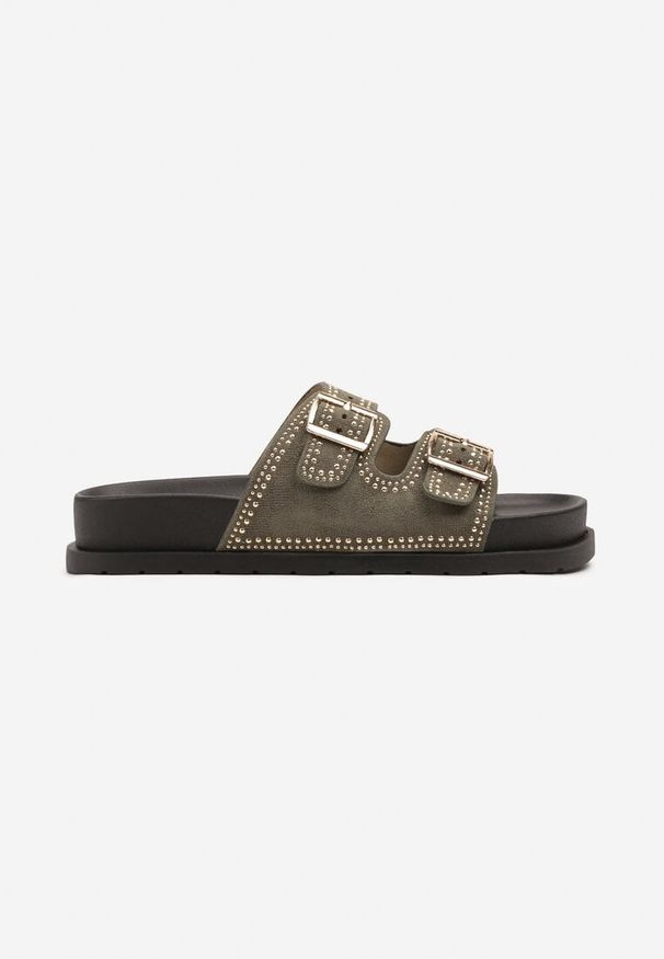 Renee - Zielone Klapki z Prostokątnymi Klamrami i Nitami Finzivia. Okazja: na co dzień. Kolor: zielony. Materiał: jeans. Wzór: aplikacja. Obcas: na obcasie. Styl: casual. Wysokość obcasa: średni