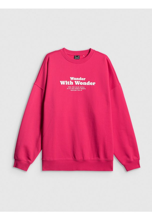 4f - 4F Bluza dresowa oversize bez kaptura damska - różowa XS. Okazja: na co dzień, do domu. Typ kołnierza: bez kaptura. Kolor: różowy. Materiał: dresówka. Wzór: nadruk. Styl: casual