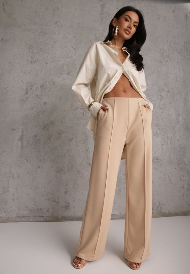Renee - Beżowe Bawełniano-Wiskozowe Spodnie o Eleganckim Kroju w Kant Tinawre. Okazja: na co dzień. Kolor: beżowy. Materiał: wiskoza, bawełna. Wzór: gładki. Styl: elegancki