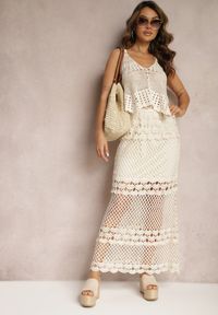 Renee - Beżowy Bawełniany Top Ażurowy w Stylu Boho Cosmothetic. Kolor: beżowy. Materiał: bawełna. Długość rękawa: na ramiączkach. Długość: krótkie. Wzór: ażurowy. Styl: boho