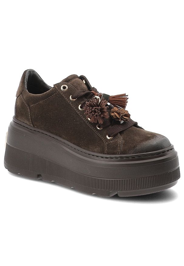 CheBello - Sneakersy damskie Chebello, ze skóry naturalnej z cholewką o zamszowym wykończeniu i ozdobnymi frędzlami przy sznurowaniu, brązowe, 5002_-268-000-PSK. Okazja: na co dzień. Kolor: brązowy. Materiał: zamsz, skóra. Szerokość cholewki: normalna. Wzór: kwiaty. Obcas: na platformie. Styl: casual, elegancki