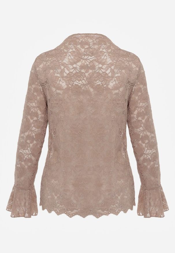 Renee - Brązowa Bluzka z Koronki Ozdobiona Rozkloszowanymi Rękawami i Falbanką na Dole Sanovia. Okazja: na co dzień. Kolor: brązowy. Materiał: koronka. Wzór: aplikacja, koronka. Styl: casual, elegancki